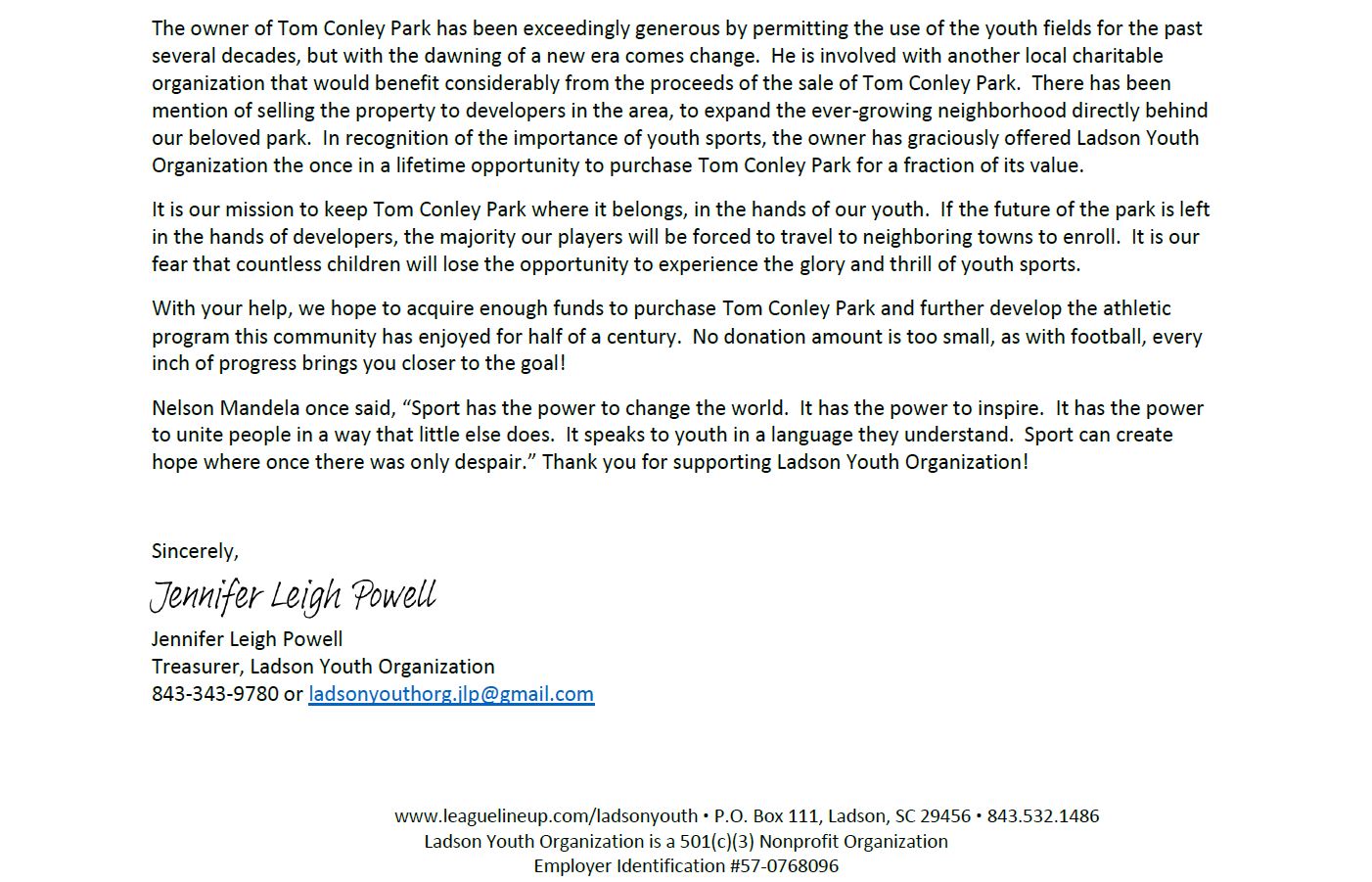 Ladson Youth Organization Sponsor Letter 2 101.7 Chuck FM